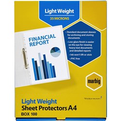 MARBIG SHEET PROTECTORS A4 ECONOMY LOW GLARE CLEAR BOX OF 100