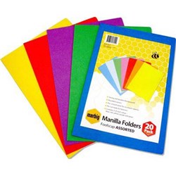 MARBIG MANILLA FOLDERS FOOLSCAP ASSORTED COLOURS PACK OF 20