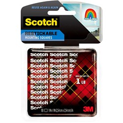 SCOTCH R100 MOUNTING TAPE 2.5CMX2.5CM RESTICKABLE SQUARES TABS CLEAR PACK OF 18