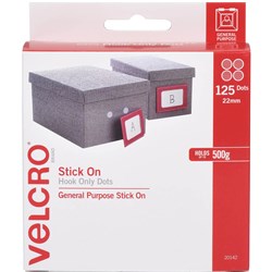 VELCRO  BRAND STICK ON HOOK ONLY 22MM 125 DOTS WITH DISPENSER WHITE