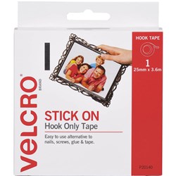 VELCRO  BRAND STICK ON HOOK ONLY 25MM X 3.6M TAPE WITH DISPENSER WHITE