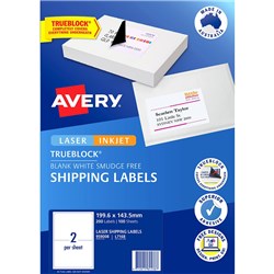 AVERY SHIPPING LASER & INKJET WHITE L7168 199.6X143.5MM 2UP 200 LABELS 100 SHEETS
