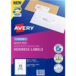 AVERY QUICK PEEL ADDRESS LASER WHITE L7164 63.5X72MM 12UP 1200 LABELS 100 SHEETS