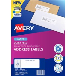AVERY QUICK PEEL ADDRESS LASER WHITE L7162 99.1X34.2MM 16UP 1600 LABELS 100 SHEETS