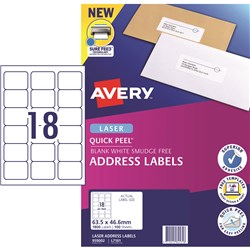 AVERY QUICK PEEL ADDRESS LASER WHITE L7161 63.5 X 46.6MM 18UP 1800 LABELS 100 SHEETS