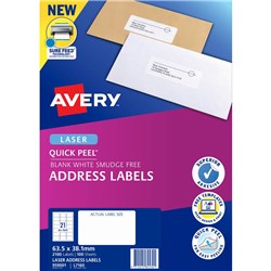 AVERY QUICK PEEL ADDRESS LASER WHITE L7160 63.5X38.1MM 21UP 2100 LABELS 100 SHEETS