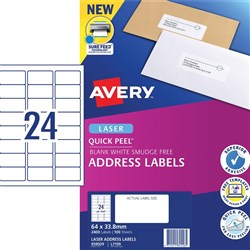 Avery Quick Peel Address Laser White L7159 64 x 33.8mm 24UP 2400 Labels 100 Sheets