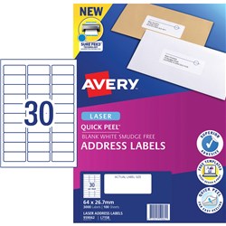 AVERY QUICK PEEL ADDRESS LASER WHITE L7158 64X26.7MM 30UP 3000 LABELS 100 SHEETS