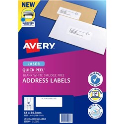 AVERY QUICK PEEL ADDRESS LASER WHITE L7157 64X24.3MM 33UP 3300 LABELS 100 SHEETS