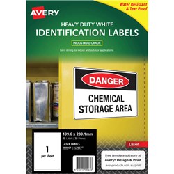 AVERY IDENTIFICATION LASER HEAVY DUTY WHITE L7067 199.6 X 289.1MM 1UP 25 LABELS