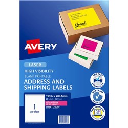 AVERY HIGH VISIBILITY SHIPPING LASER LABELS PINK L7167FP 199.6X289.1MM 1UP 25 LABELS