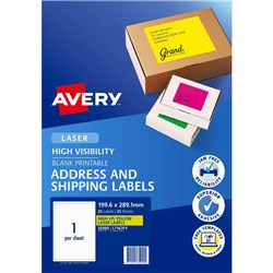 AVERY HIGH VISIBILITY SHIPPING LASER LABELS YELLOW L7167FY 199.6X289.1MM 1UP 25 LABELS