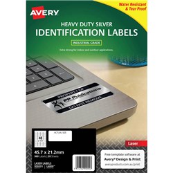 AVERY HEAVY DUTY LASER LABELS ASSET TAGS SILVER L6009 45.7X21MM 48UP 960 LABELS