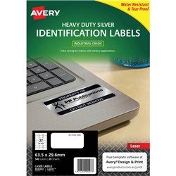 AVERY HEAVY DUTY LASER LABELS ASSET TAGS SILVER L6011 63.5X30MM 27UP 540 LABELS