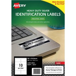 AVERY HEAVY DUTY LASER LABELS ASSET TAGS SILVER L6012 96X50.8MM 10UP 200 LABELS