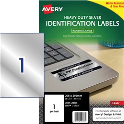AVERY HEAVY DUTY LASER LABELS ASSET TAGS SILVER L6013 208X295MM 1UP 20 LABELS