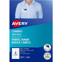 AVERY FABRIC NAME BADGE LASER LABELS WHITE L7418 86.5X55.5MM 8UP 120 LABELS 15 SHEETS