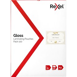 REXEL LAMINATING POUCHES A3 75 MICRON GLOSS PACK OF 100