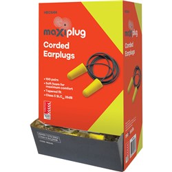MAXISAFE MAXIPLUG EAR PLUGS DISPOSABLE CORDED 26DB YELLOW AND BLACK PACK OF 100 PAIRS