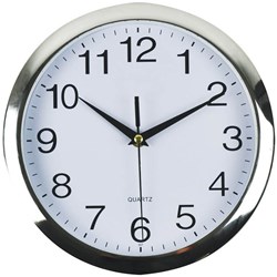 ITALPLAST WALL CLOCK 26CM ROUND WITH LARGE NUMBERS CHROME FRAME WHITE FACE