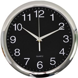 ITALPLAST WALL CLOCK 30CM ROUND WITH LARGE NUMBERS CHROME FRAME BLACK FACE