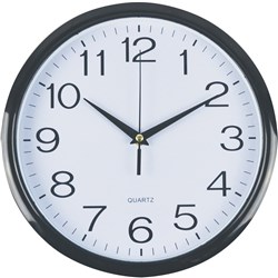 ITALPLAST WALL CLOCK 30CM ROUND WITH LARGE NUMBERS BLACK FRAME WHITE PLASTIC FACE