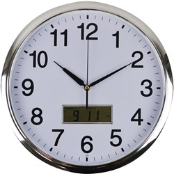 ITALPLAST WALL CLOCK INSET LCD DATE MONTH 36CM ROUND CHROME FRAME WHITE FACE