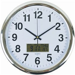 ITALPLAST WALL CLOCK INSET LCD DATE MONTH TEMPERATURE 43CM ROUND CHROME FRAME WHITE FACE