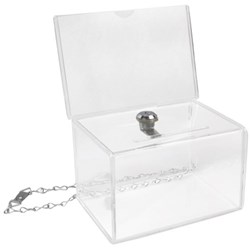 DEFLECTO DONATION BOX LOCKABLE WITH A6 LANDSCAPE HEADER CARD CLEAR ACRYLIC