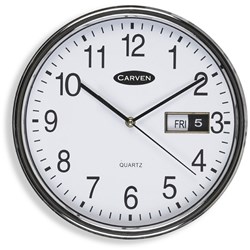 CARVEN WALL CLOCK 28.5CM DIAMETER WITH DATE SILVER FRAME