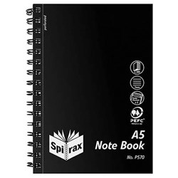 SPIRAX P570 NOTEBOOK POLY COVER WITH NOTE POCKETS A5 RULED 200 PAGE SIDE OPEN BLACK