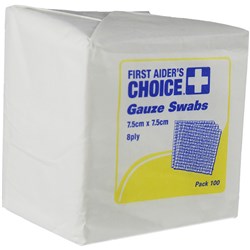 FIRST AIDER'S CHOICE GAUZE SWABS 8 PLY 7.5 X 7.5CM WHITE PACK OF 100