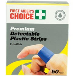 FIRST AIDER'S CHOICE PREMIUM DETECTABLE ADHESIVE STRIPS EXTRA WIDE BLUE BOX OF 50