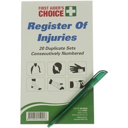 FIRST AIDER'S CHOICE FIRST AID REGISTER OF INJURIES BOOK AND PEN