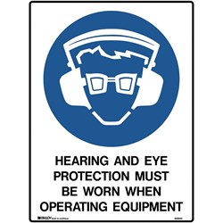 BRADY MANDATORY SIGN HEARING AND EYE PROTECTION 450W X 600MMH METAL WHITE/BLUE