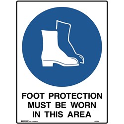 BRADY MANDATORY SIGN FOOT PROTECTION MUST BE WORN 450W X 600MMH METAL WHITE/BLUE