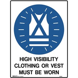 BRADY MANDATORY SIGN HIGH VIS CLOTHING MUST BE WORN 450W X 600MMH POLY WHITE/BLUE