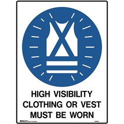 BRADY MANDATORY SIGN HIGH VIS CLOTHING MUST BE WORN 450W X 600MMH METAL WHITE/BLUE
