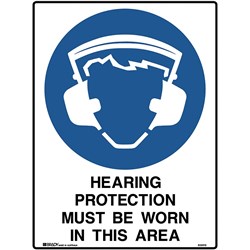 BRADY MANDATORY SIGN HEARING PROTECTION MUST BE WORN 450W X 600MMH POLY WHITE/BLUE