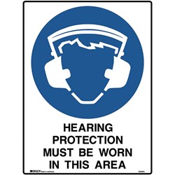BRADY MANDATORY SIGN HEARING PROTECTION MUST BE WORN 450W X 600MMH METAL WHITE/BLUE