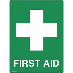 BRADY EMERGENCY SIGN FIRST AID 450W X 600MMH POLYPROPYLENE WHITE/GREEN