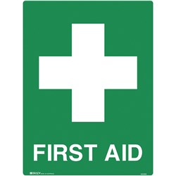 BRADY EMERGENCY SIGN FIRST AID 450W X 600MMH METAL WHITE/GREEN