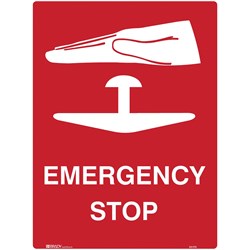 BRADY EMERGENCY SIGN EMERGENCY STOP 450W X 600MMH POLYPROPYLENE WHITE/RED