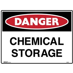 BRADY DANGER SIGN CHEMICAL STORAGE 600W X 450MMH METAL WHITE/RED/BLACK