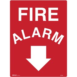 BRADY FIRE SIGN FIRE ALARM WITH ARROW DOWN 450W X 600MMH POLYPROPYLENE WHITE/RED