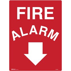 BRADY FIRE SIGN FIRE ALARM WITH ARROW DOWN 450W X 600MMH METAL WHITE/RED