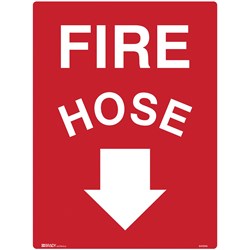 BRADY FIRE SIGN FIRE HOSE WITH ARROW DOWN 450W X 600MMH POLYPROPYLENE WHITE/RED