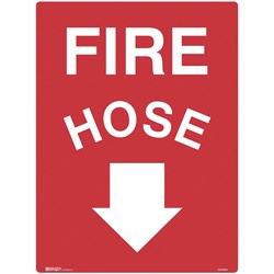 BRADY FIRE SIGN FIRE HOSE WITH ARROW DOWN 450W X 600MMH METAL WHITE/RED
