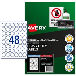 AVERY IDENTIFICATION REMOVABLE HEAVY DUTY LASER WHITE L4716 30MM ROUND 48UP 960 LABELS