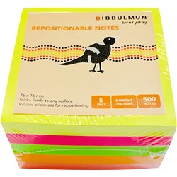 BIBBULMUN STICKY NOTES 76X76MM ASSORTED PADS 100 SHT PACK OF 5